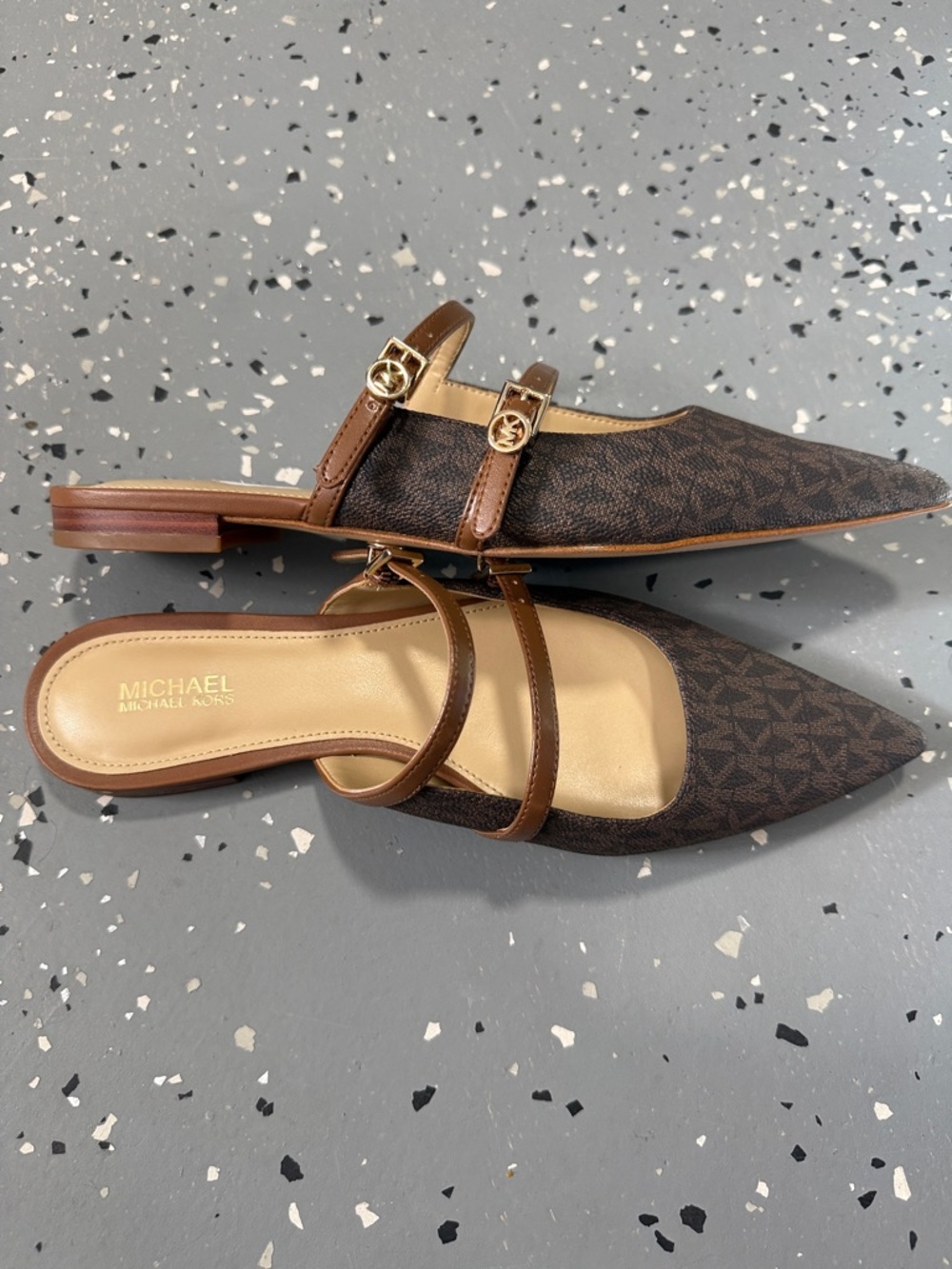 Michael Kors Brown Monogram Pointed-Toe Double-Strap Flats